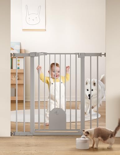 Babelio 36" Tall Baby Gate with Adjustable Cat Door, CatPrivilege I, 29-43" | Auto Close, Safety Gate for Stairs, Easy Walk Thru with Pet Door, Includes 4 Wall Cups and 3 Extension Pieces, Gray
