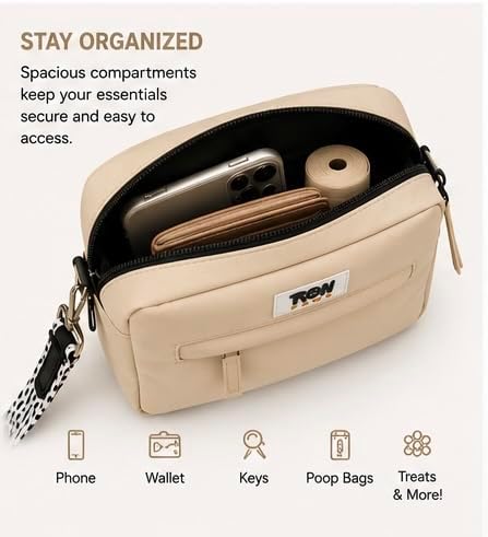 Hands-Free Dog Walking Crossbody for Training, Treat Pouch, Built-in Poop Bag Dispenser, Used Bag Hook & Bonus Tripod (Beige)