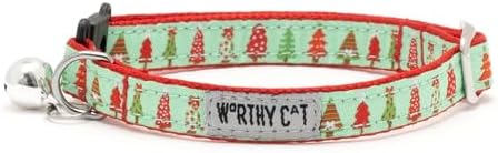 THE WORTHY DOG Christmas Patterns, Breakaway Cat Collar with Bell, Green