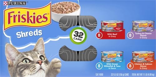 Friskies Purina Gravy Wet Cat Food Variety Pack, Savory Shreds with Beef, Turkey and Cheese Dinner, Chicken & Salmon Dinner, with Ocean Whitefish & Tuna - 5.5 oz. Cans (Pack of 64)