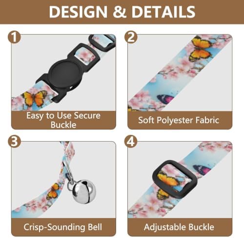 Butterflies Cherry Tree Branches Small Dog Collar with Bell 2 Pack Kitten Collar Adjustable Length 10.6" to 17.1"