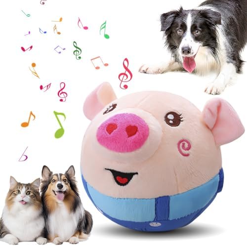 Active Moving Pet Plush Toy, Upgrade Interactive Dog Toys Talking Moving Dog Ball Toy Washable Cartoon Pig Plush Sound Electronic Herding Ball for Dogs Shake Bounce Boredom Talking Toys (Blue Pig Sm)
