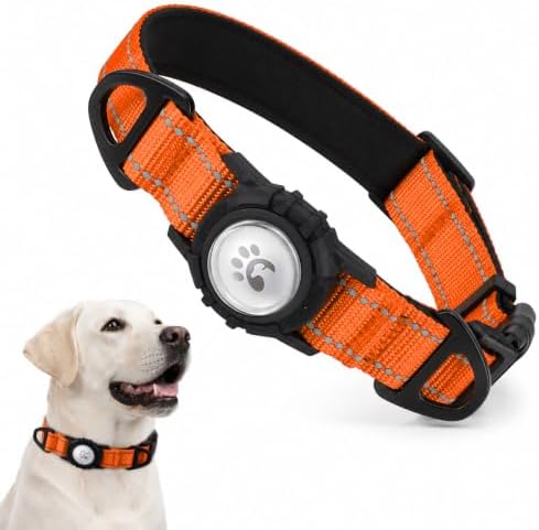 Padded Dog Collar with Waterproof Holder Compatible with Airtag