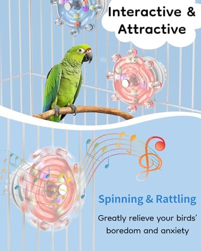Pawfly 2 Pcs Bird Toys for Parakeets, Spinning Wheel Chew Toys, Interactive Spinner Rattle Parrot Toys, Cockatiel Toys, Bird Cage Accessories for Entertainment Chewing Exercise, Blue & Pink