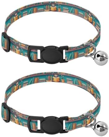 Cats Books Colorful Bookshelves Collar for Puppy, 2 Pack Decorative Pet Collar with Bell