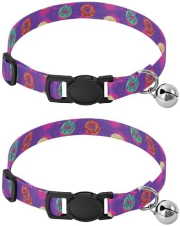 Colorful Cartoon Donuts Small Dog Collar with Bell 2 Pack Kitten Collar Adjustable Length 10.6" to 17.1"