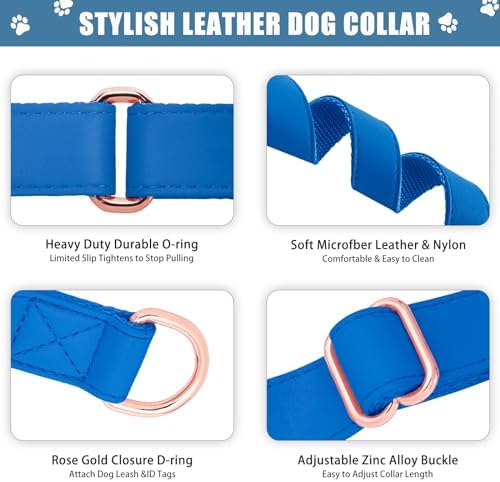Soft Leather Martingale Dog Collar - Adjustable Rose Gold Limited Slip Collars [Easy to Clean], Stylish Durable Heavy Duty Nylon No Pull Training Collar for Small Medium Large Dogs XS Dark Blue