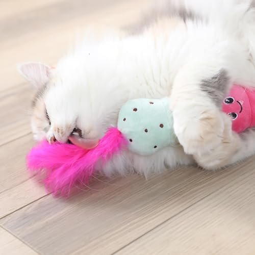 Quirky Kitty Ice Cream Kicker Catnip Crinkle Feather Soft Plush Cat Toy | Large Kicker Cat Toy for Bunny Kicks, Pouncing & Batting | Interactive Catnip Toy for Active Play