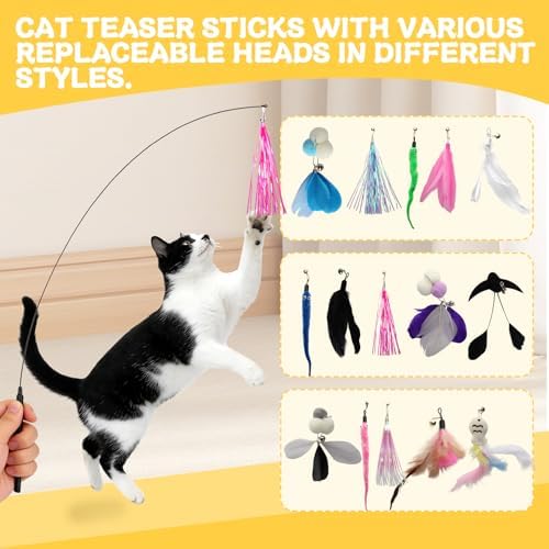 Cat Ball Track Toy, Interactive Cat Toy for Indoor Cats - Cat Wand & Track Ball, 15 Replacement Heads, Anti-Slip Base, Easy Assembly Cat Teaser for Kittens & Adult Cats