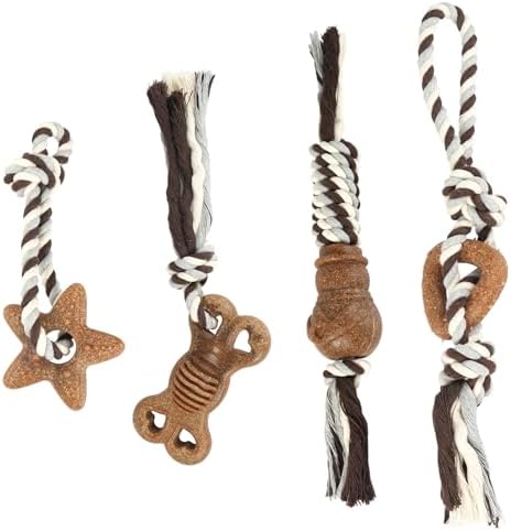 4 Pack Dog Chew Toys for Aggressive Chewers – Puppies & Adults, Multiple Textures & Rope， ndestructible Tough Durable Interactive Dog Toys， Brown Triangle&Stars&Bone&Snowman