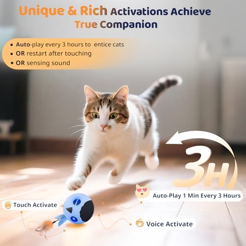 Cat Toys Ball, Smart Motion Sensor Moving Ball with 4 Sounds& 3 Speed Modes | Interactive Automatic Cat Toy for Indoor Cats,Fast Rolling Motion Activated Chirping Stimulating Light, 2 Feather Refill