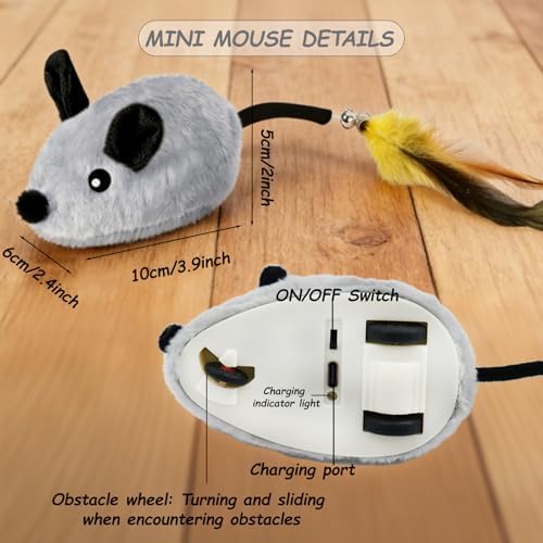 Interactive Mouse Cat Toy, Automatic Moving Fake Rat Mouse Cat Toy, Realistic Rechargeable Dog Mouse Toy with Sound & Feather & Bell, Prank Joke Scary Trick Rats for Cats Dogs
