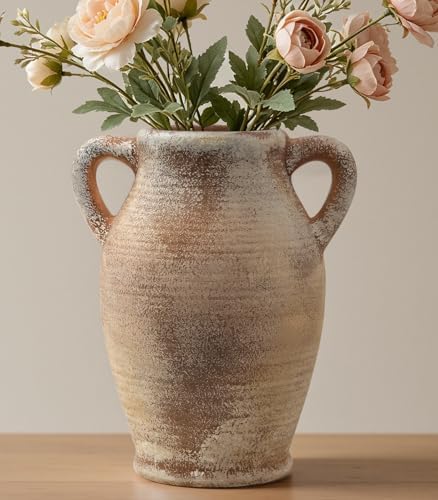 Ceramic Flower Vase, 8.3" Rustic Farmhouse Table Vase, Low Profile Decorative Pottery Vase for Fresh Flowers, Faux Stems, Coffee Table, Kitchen, Bathroom and Shelf Decor