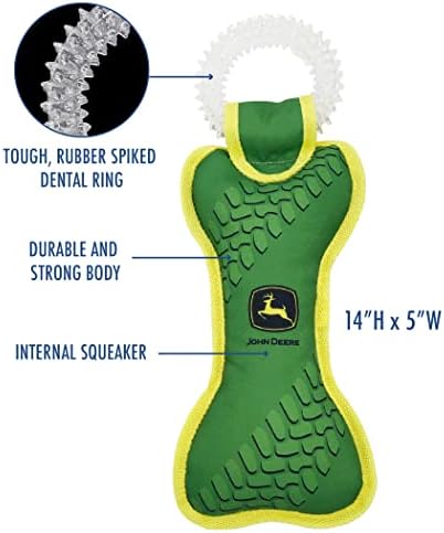 JOHN DEERE DOG DENTAL TEETHING RING TUG TOY & Nylon Squeak Bone Toy. TOUGH STURDY PET TOY with John Deere Logo. BEST DOG FIELD TOY for DOG OWNERS, Famers, Construction gigs, Builders, Landscaping fans