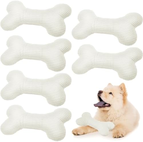 Poen 6 Pcs Bone Shaped Plush Squeaker Dog Toy Small Medium Dogs White