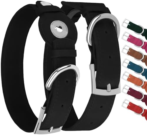 Leather Dog Collar with Airtag Holder - Apple Air Tag Dog Collars - Soft Tracking GPS Pet Collar for Small Medium Large Dogs Breed Puppy (Black, L, 15"-19" Neck Fit)
