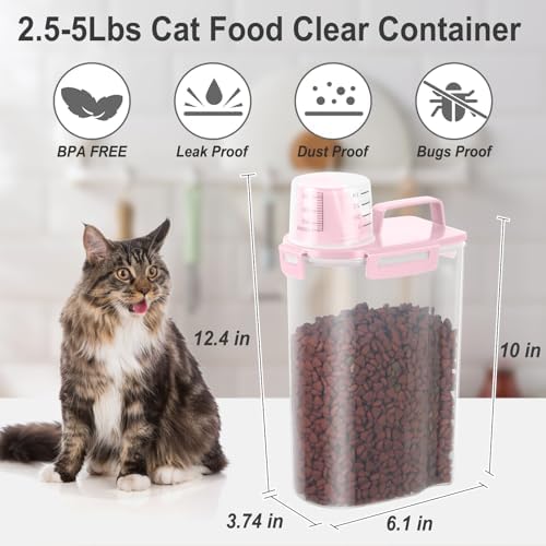 Dog Cat Food Storage Container with Cup (Pink, 2.5L (2 pack))