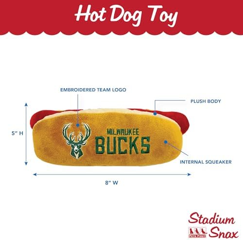NBA Milwaukee Bucks HOT Dog Plush Dog & CAT Squeak Toy - Cutest HOT-Dog Snack Plush Toy for Dogs & Cats with Inner Squeaker & Beautiful Basketball Team Name/Logo