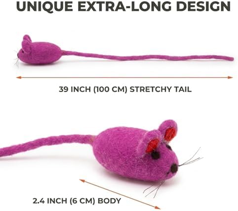 Glaciart One Felt Mouse Cat Toy – Soft Fuzzy Enrichment 100% Natural Wool - Interactive Catnip Play Cat Toy Set - Safe for Pets, Non-AZO Colored Dyes - 42” Long