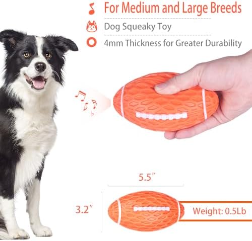 AUSCAT Squeaky Dog Football Toys, Durable Rubber Dog Ball for Medium and Large Dogs, Orange, 3.1" L x 5.5" W x 3.1" H