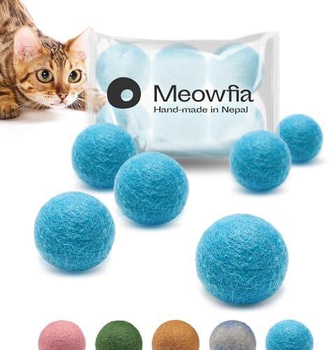 MEOWFIA Wool Ball Toys - 6-Pack of Safe for Cats and Small Dogs Balls - 1.5 Inch Felted Wool Cat Toy and Dog Toy - Perfect with Cat Cave - Silent - Mini Tennis Balls - (1,5in/Aquamarine)