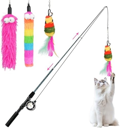 Pawaboo Cat Teaser Wand Toys, Cat Fishing Pole Toy with 3 PCS Feathers