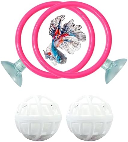 Betta Ring Enrichment Toys with Filter Ball set, Turtle Water Cleaner Ball, Aquarium Feeding Ring with Nitrifying Balls, Betta Fish Toy, Aquatic Turtle Enrichment Toy, Tortoise Supplies (Pink, M-70mm)
