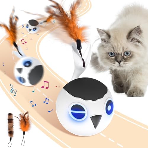 Cat Toys Ball, Smart Motion Sensor Moving Ball with 4 Sounds& 3 Speed Modes | Interactive Automatic Cat Toy for Indoor Cats,Fast Rolling Motion Activated Chirping Stimulating Light, 2 Feather Refill