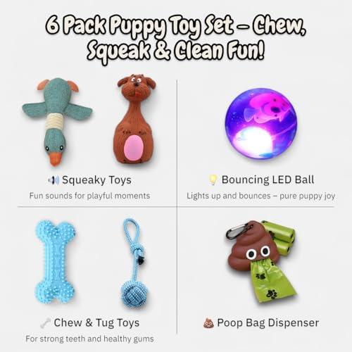 Puppy Toys for Small Dogs - 7 Pack Durable Chew and Teething Toys with Squeaky Plush, Interactive Dog Toys, LED Ball & Poop Bag Dispenser for Toy Breeds & Puppies Under 15 Lbs