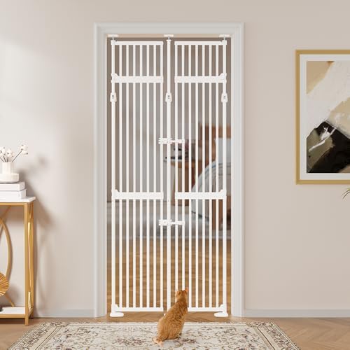 unipaws 86" High Extra Tall Cat Safety Gate, Auto Closing and No Drilling | Fit for 35"-38" Wide and 86"-98" Height Opening, Suitable for Doorway Hallway Stairs, Cat Dog Proof, Indoor Use, White