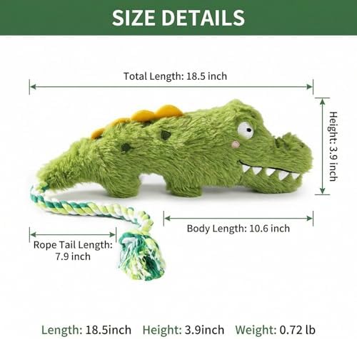 Squeaky Alligator Dog Toy Long Rope Tail for Small Medium Dogs, Durable Plush Chew Dogs Toys for Aggressive Chewers, Interactive Dog Toys for Boredom Relief and Comfort
