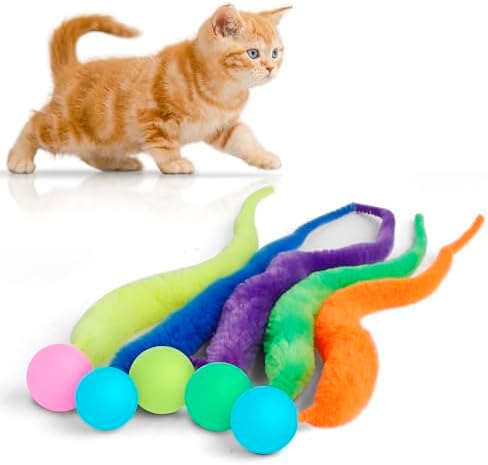 Bouncy Ball with Tail Cat Toys,5 Packs Large Magic Worm with Fluorescent Ball Toy for Cats,Colorful Fuzzy Worm Bouncy Glow Balls Cat Toy