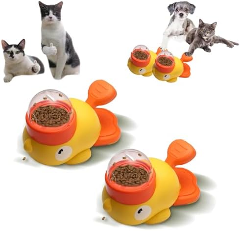 Duck Cat Treat Dispenser Toy, Interactive Yellow Duck Treat Dispenser for Cats, Dogs, Slow Feeder Bowl with Button for Fast Eaters - Durable & Safe, for Healthy Eating & Iq Training (2Pcs)