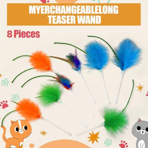 8 Pcs Cat Feather Toys Replacement Compatible with P43, 4 Colors Cat Toy Wand Refills, Cat Toy Feathers Refill, Interactive Cat Teaser Wand Attachments, Only Accessories