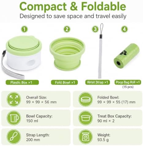 3-in-1 Portable Dog Travel Bowl, Foldable Silicone Pet Walking Container with Treat Storage & Poop Bag Dispenser, Comes with 1 Roll of Poop Bags, Ideal for Hiking, Camping, and Travel, Gray Green.