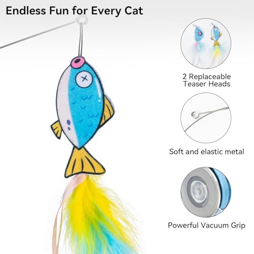 Migipaws Automatic Cat Wand Toy with Suction Cup, Cute Cat Base, Rechargeable Interactive Teaser for Indoor Cats