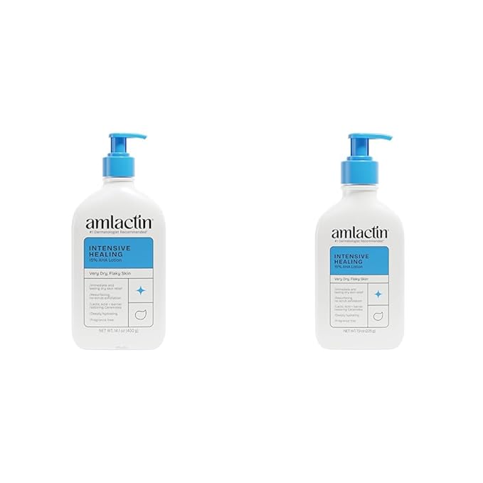 AmLactin Intensive Healing Body Lotion for Dry Skin - 14.1 oz and 7.9 oz Pump Bottles - 2-in-1 Exfoliator & Moisturizer with Ceramides & 15% Lactic Acid