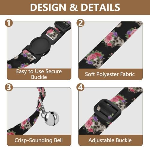 Skulls Red Roses Bell Collar for Small Dogs 2 Pack Kitten Collars Adjustable 10.6 to 17.1 Inches