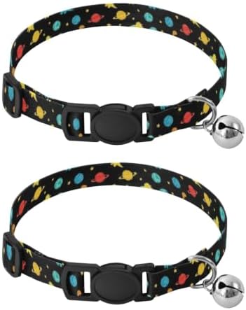 Dinosaurs Planets Stars Black Collar with Bell for Dog Puppy 2 Pack Cats Collar Adjustable Length 10.6" to 17.1"