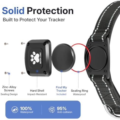 GPS Dog Collar with Tracker, Waterproof, No Monthly Fee, Black, XS | Works with Apple Find My, iOS Only, MFi Certified, No SIM Card, for Small Dogs, Reflective Padded Nylon, Neck 10.5-13.5 in