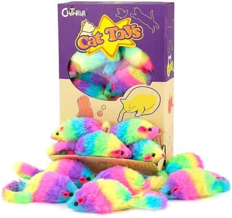 CHIWAVA 24PCS 2.8" Rainbow Color Furry Cat Toy Mice with Rattle Kitten Play