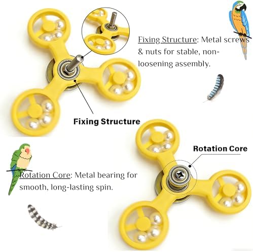 Spinning Bird-Toys Bird Cage Toys & Bird Perch Parrot-Parakeet Budgie Cockatiel Conure Macaw Chicken Parrot Enrichment Cage Accessories Small Animal Chewing Toy (Yellow Spinner)