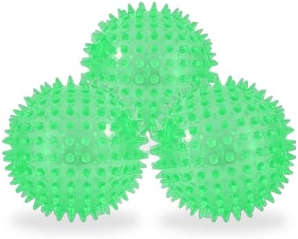 Squeaky Spiky Dog Balls for Teeth Cleaning & Gum Massage 2.5 Inch Small Medium Dogs Green | Spiny TPR Rubber Chew Toys for Fetch Play Interactive Bouncy Dental Balls BPA Free Nontoxic Floats - 3 Pack