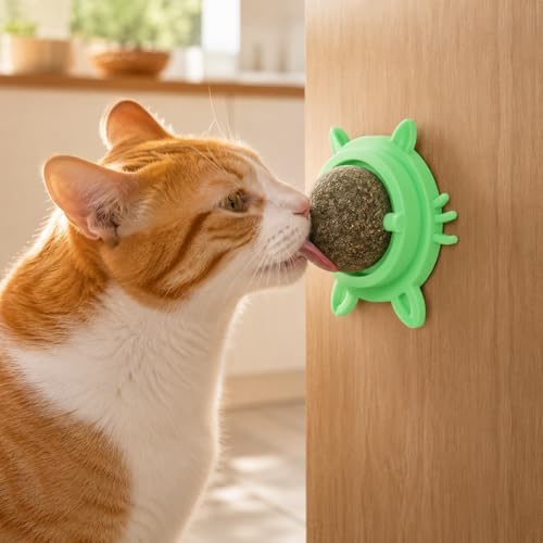 Catnip Lick Toy for Indoor Cats, Wall Mounted 360° Rotating Catnip Ball with Dust Cover, Strong Adhesive Natural Cat Mint Ball for Licking Chewing Dental Care, Boredom Relief Interactive Kitten Toy