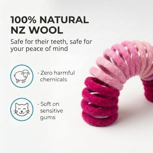 Glaciart One Felt Spring Cat Toy – 3 Pcs Soft Fuzzy Enrichment 100% Natural Wool - Interactive Stretchable Play Cat Toy Set - Safe for Pets, Non-AZO Colored Dyes - 30” Long