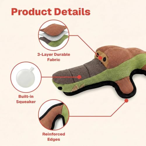 Selly's Den Durable Crocodile Dog Toy with Squeaker, 3 Layer Tough Chew Toy, Reinforced Fabric, 11.5 Inches, Interactive Pet Toy for All Breeds (Crocodile)