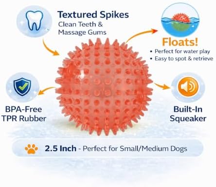 Squeaky Spiky Dog Balls for Teeth Cleaning & Gum Massage 2.5 Inch Small Medium Dogs Red | Spiny TPR Rubber Chew Toys for Fetch Play Interactive Bouncy Dental Balls BPA Free Nontoxic Floats - 3 Pack