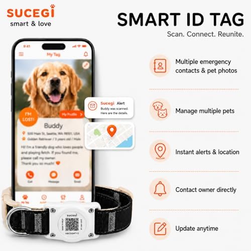 AirTag Dog Collar with QR Code ID, Dog Collar with Air Tag Holder, Black, L
