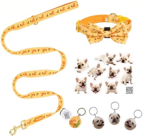 French Bulldog Polyester Dog Collar and Leash Set with Bowtie, Smart & Safe Design, Includes 1 ID Tag + 3 Frenchie Dog Tags for Instant Location & 2 Sticker Sheets, Stylish Gift Set, M