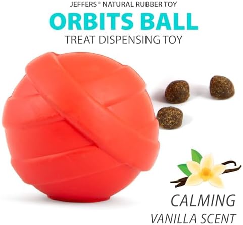 Jeffers Pet Natural Rubber Dog Chew Toy – Red Orbits Ball, Medium – Treat Dispensing, Vanilla Scent, Durable, Non-Toxic, Dishwasher Safe, Interactive Fetch & Tug Toy - Perfect for Training